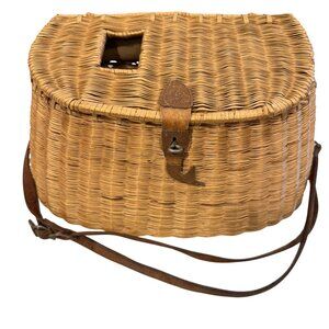 Vintage Woven Split Willow Fishing Creel Basket Leather Straps & Fish Closure